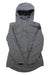 The Obermeyer Women's Celestia Jacket in gray features a hood, front zipper, chest pockets, and a patch on the left sleeve. It is displayed flat on a white background.