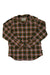 Women's plaid flannel button-up shirt, long sleeves, brown rust green, front view