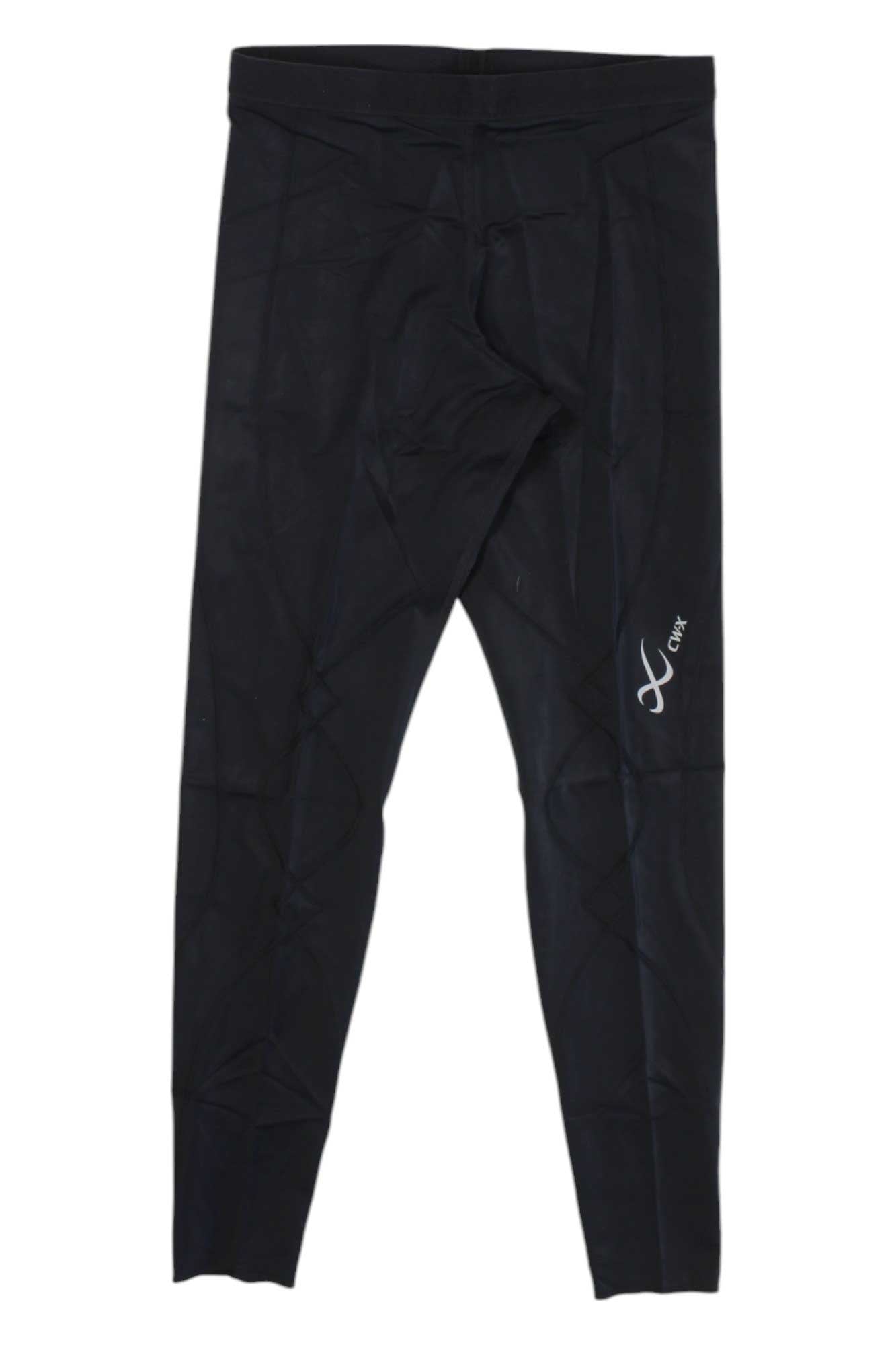The CW-X Mens Expert 3.0 Tights are black compression tights with a small white logo on the upper left thigh, shown laid flat on a white background.
