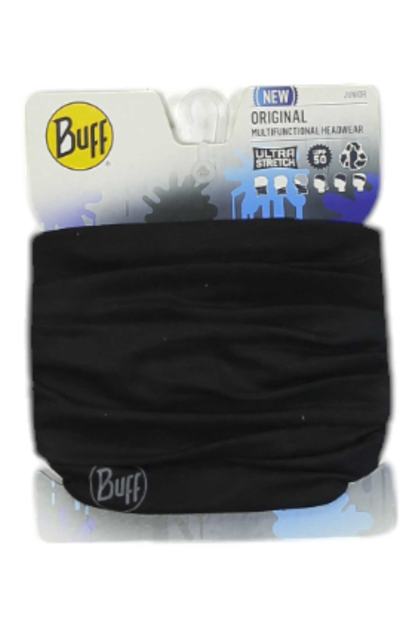 A Buff Juniors Original Multifunction Headwear in black, breathable Ultra Stretch neck gaiter for kids with UPF 50 protection. Packaging shows the Buff logo in yellow and black at the top left and on the product.