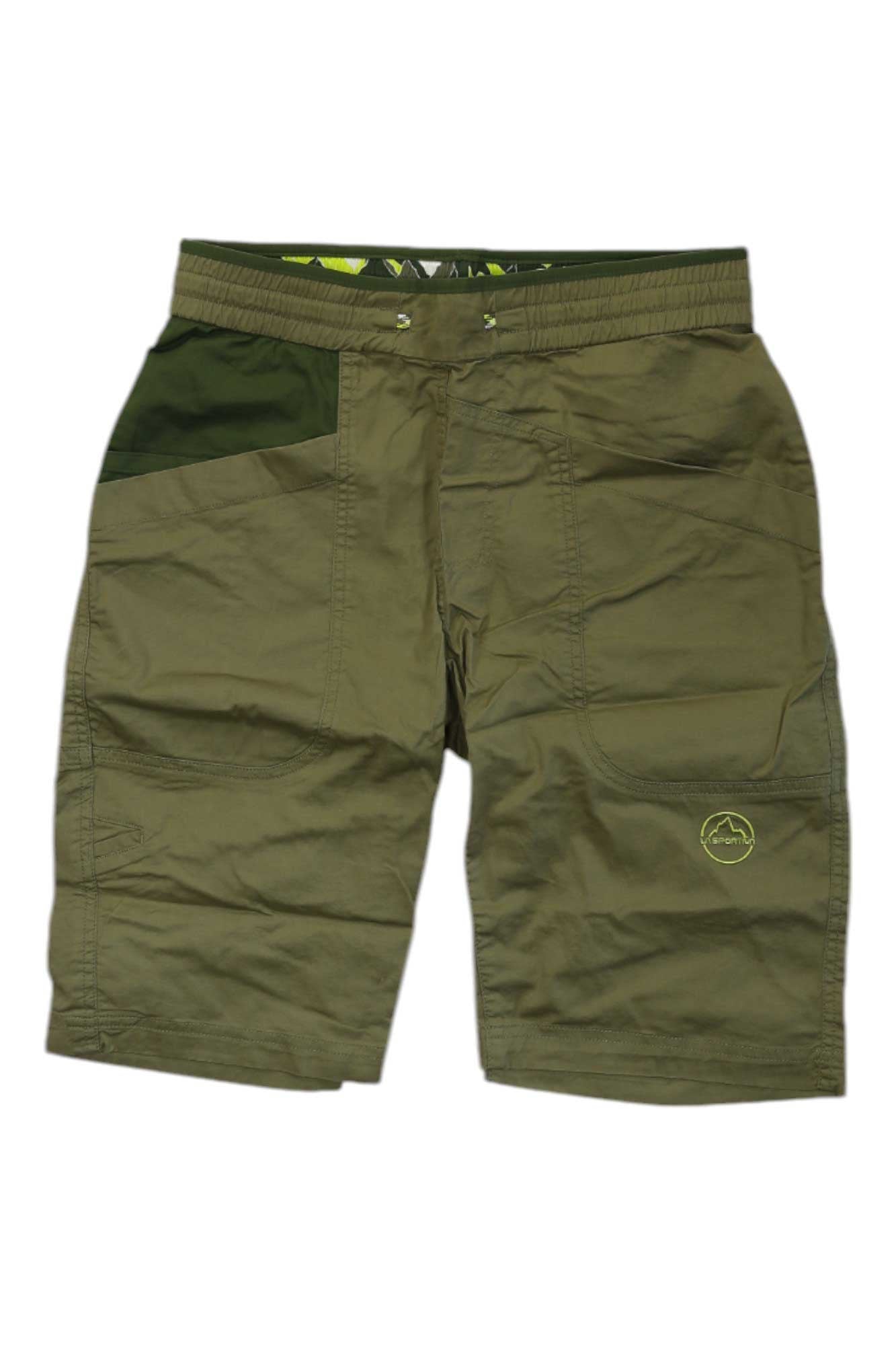 The La Sportiva Mens Bleauser 12 Inch Short is an olive green organic cotton hiking short with a darker green panel on the left hip and a small yellow logo on the right leg.