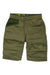 The La Sportiva Mens Bleauser 12 Inch Short is an olive green organic cotton hiking short with a darker green panel on the left hip and a small yellow logo on the right leg.
