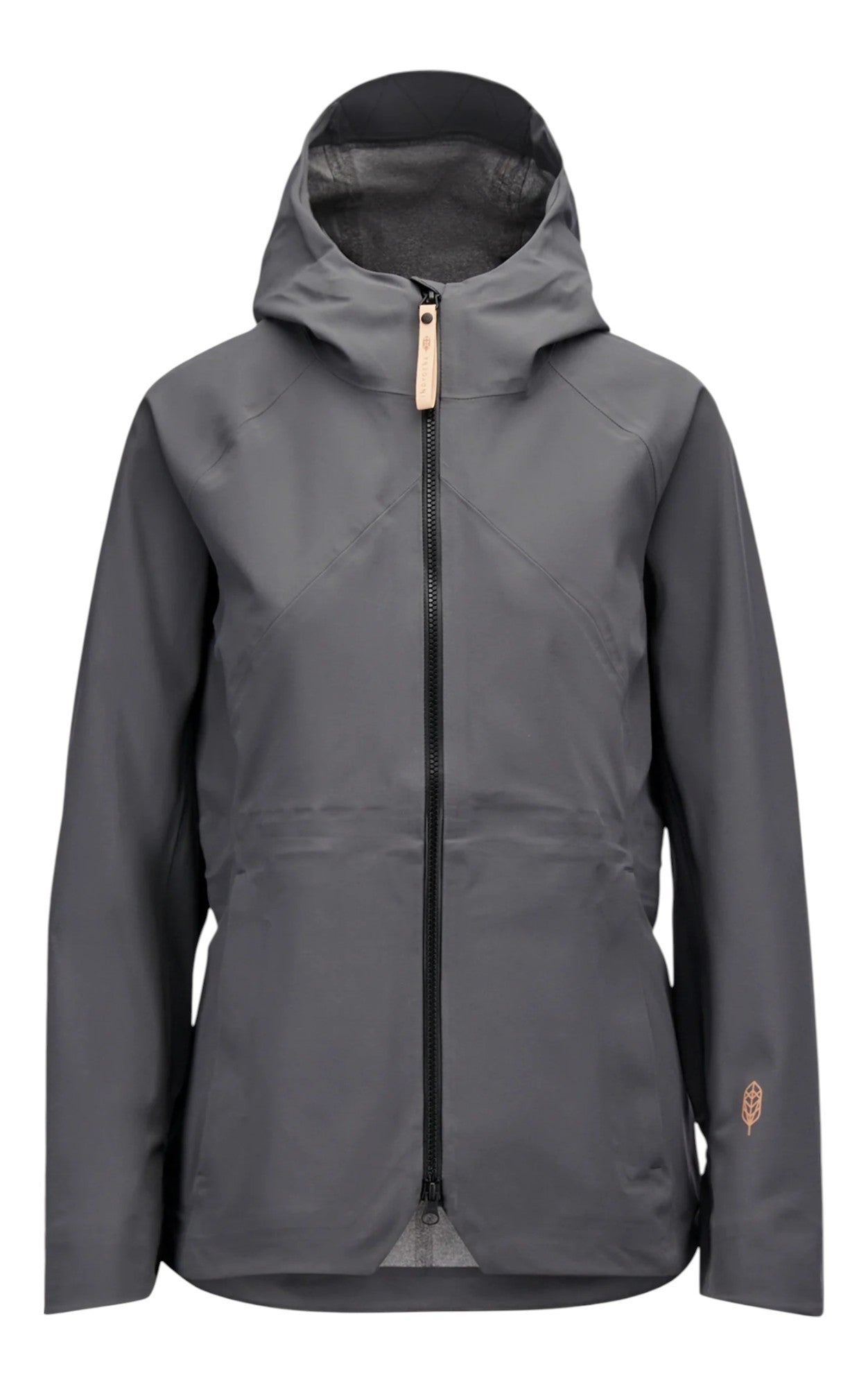 The Indygena Womens Anzar Jacket is a gray, versatile outdoor shell featuring a front zipper, two side pockets, and a small leaf emblem on the left sleeve, displayed on a plain white background.