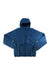 The Topo Designs Men's Global Puffer Hoodie in blue is quilted, packable, water resistant, and features a hood, front zipper, two side zip pockets, and a vertical chest zip pocket. Displayed on a white background.