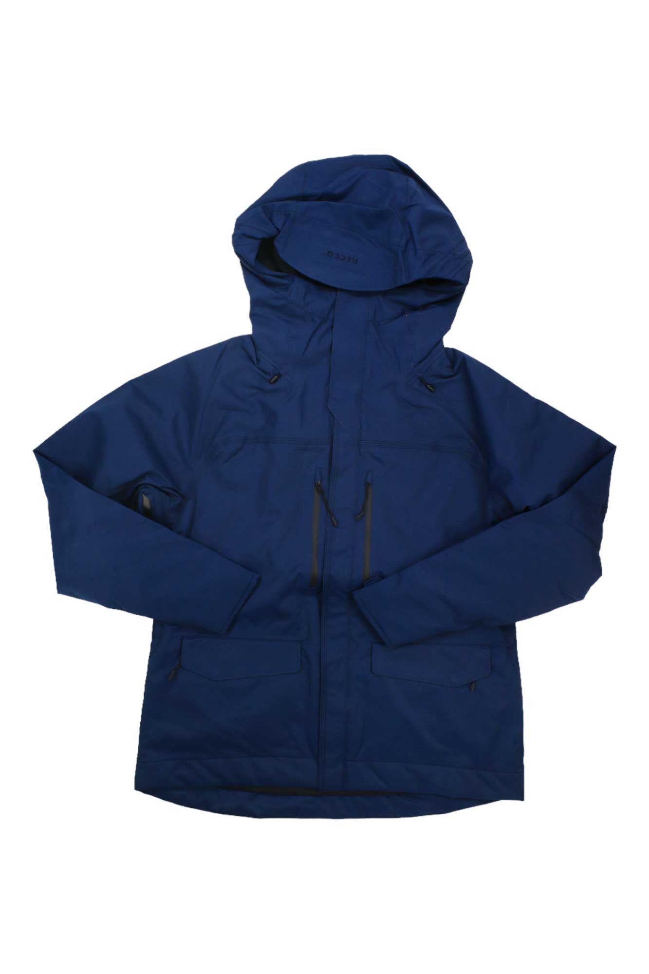 The Dakine Womens Reach 20K Insulated Parka in blue features long sleeves, a front zipper, and multiple pockets, shown laid flat on a white background.