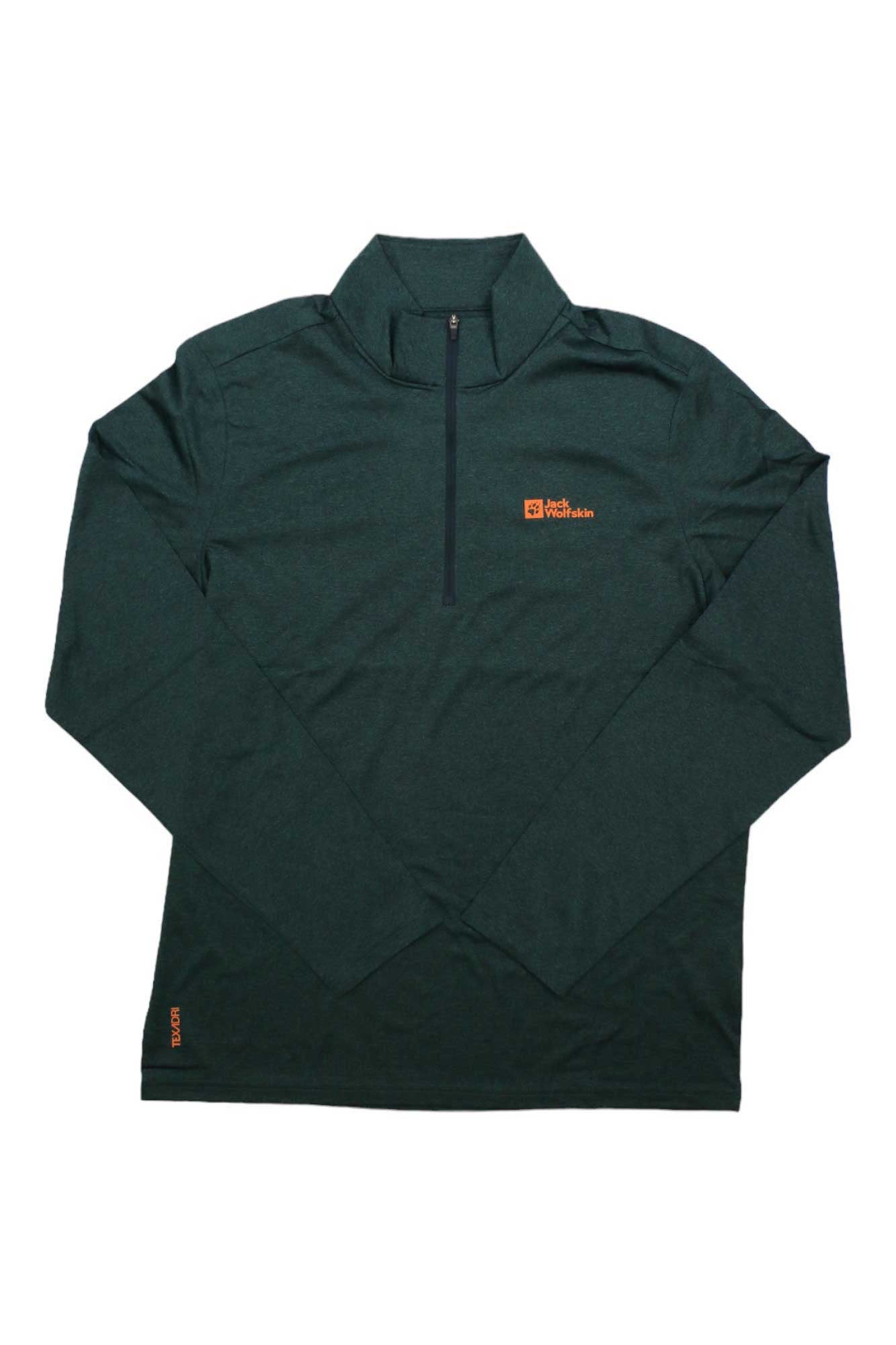 The Jack Wolfskin Men's Sky Thermal Half Zip Top is a dark green, long-sleeve pullover with a high collar, made from fast-drying polyester and featuring small orange logos for breathable style.
