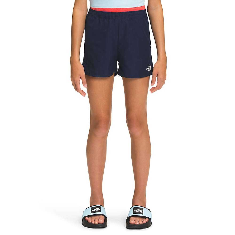 Girls navy water shorts with elastic waist and The North Face logo on leg