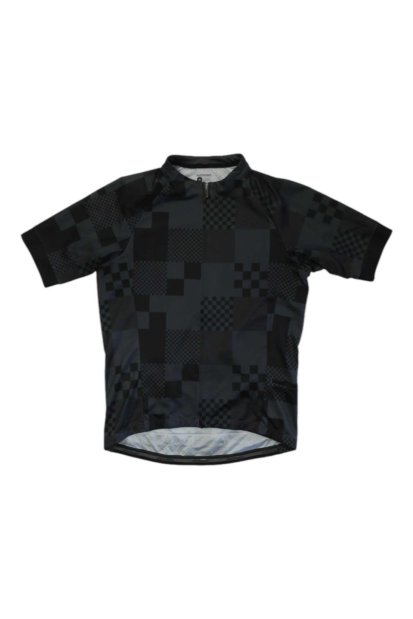 Men's black cycling jersey with check pattern, short sleeves, zip front