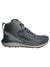 Mid waterproof hiking boot, dark gray knit upper, green collar trim, lace-up
