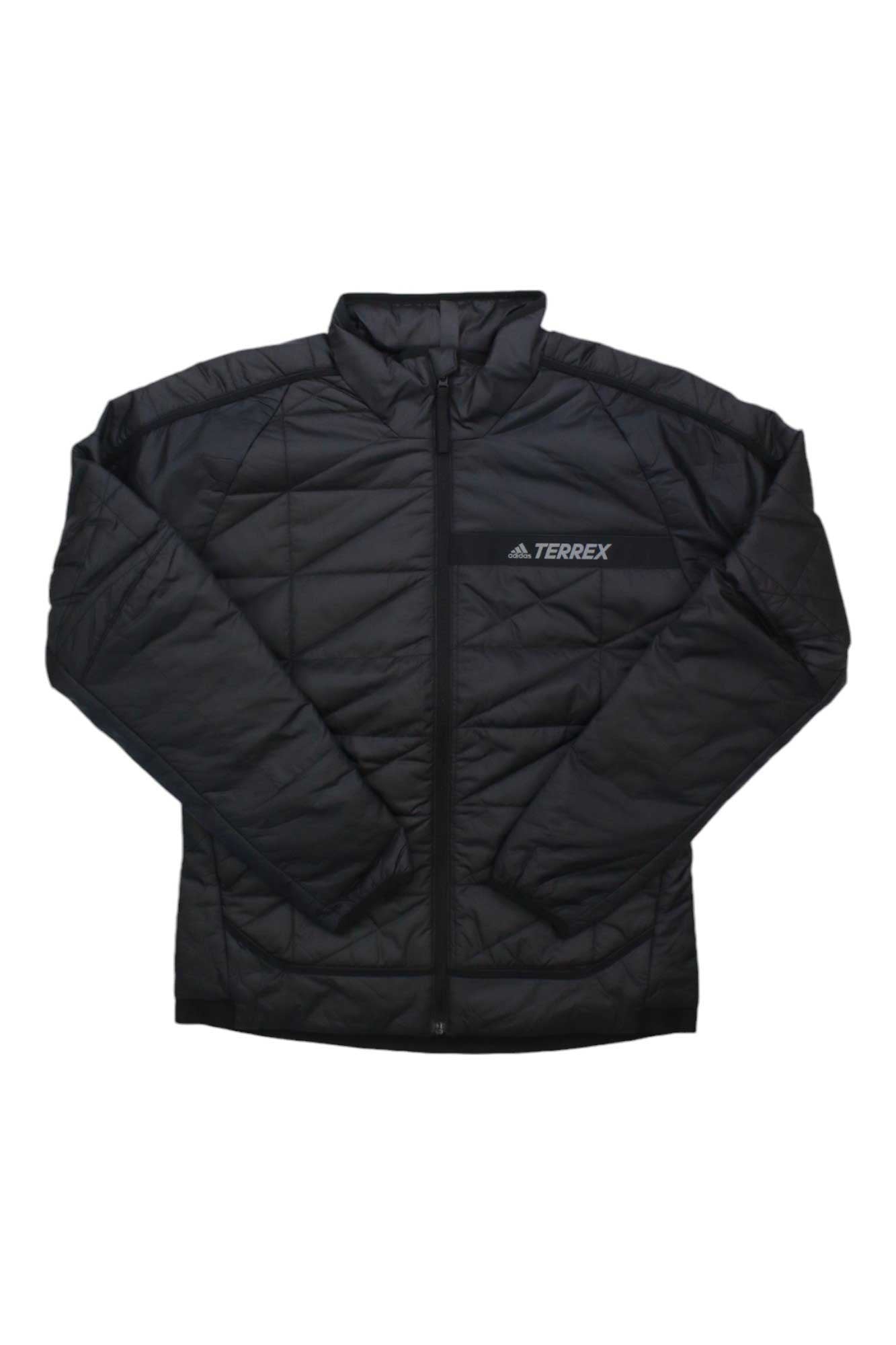 The Adidas Womens Terrex Multi Synthetic Insulated Jacket is a black, quilted, long-sleeve jacket with a front zipper, stand-up collar, TERREX logo, Adidas logo on the left chest, and is made from recycled nylon.
