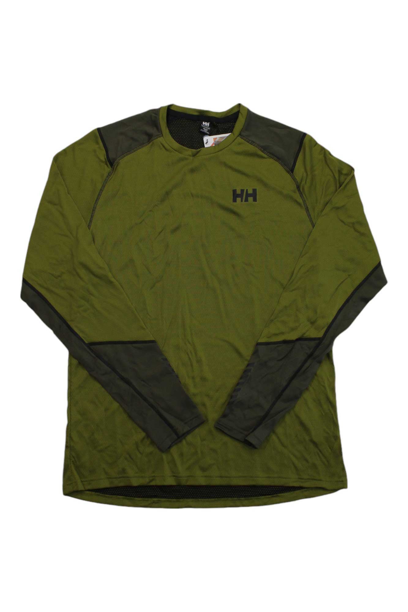 The Helly Hansen Mens Lifa Active Crew is a long-sleeve olive green athletic shirt with dark green shoulder and sleeve accents, the HH logo on the left chest, and advanced moisture management as a Lifa Active performance base layer.