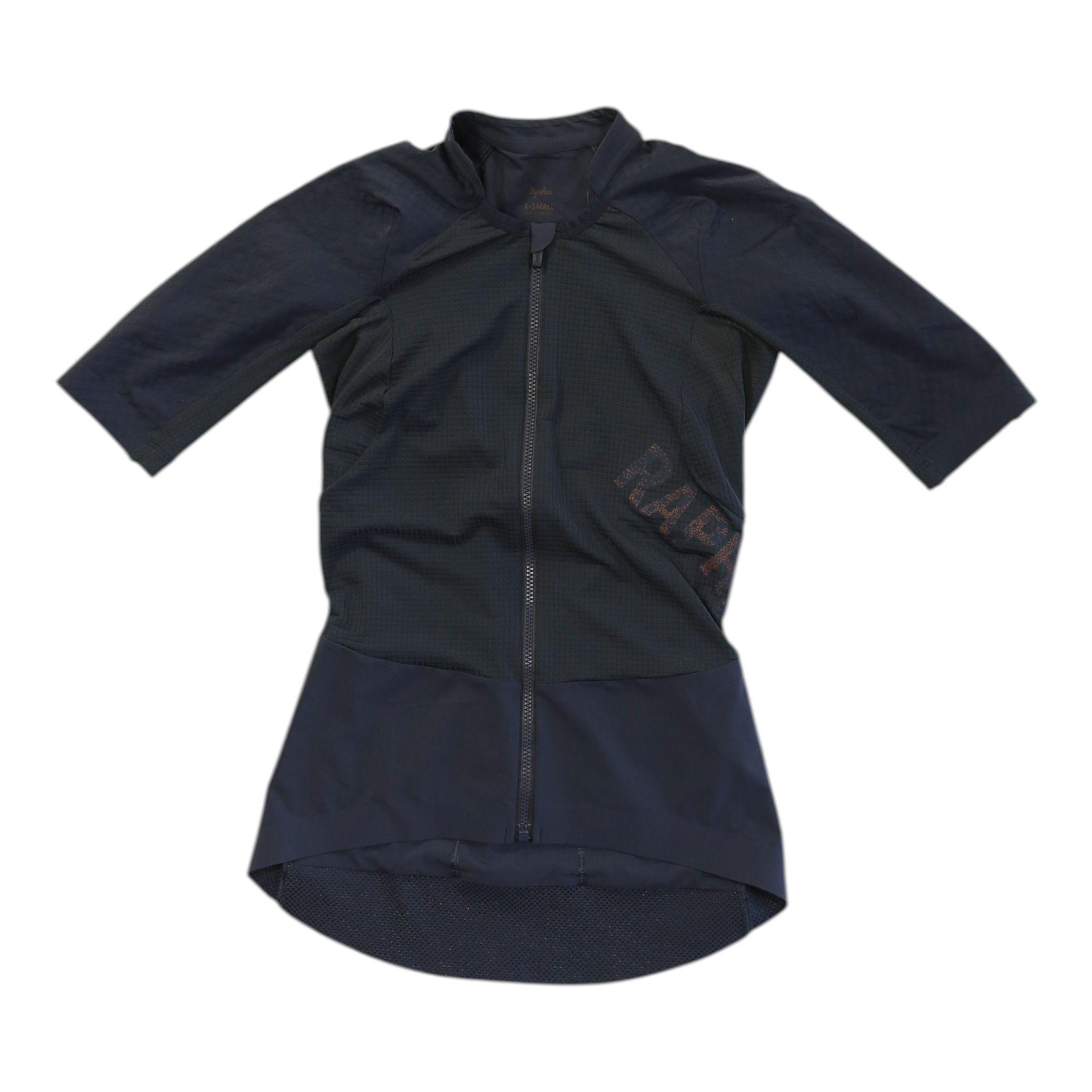 Gravel cycling jersey, short sleeves, full zip front, dark blue with textured side patch