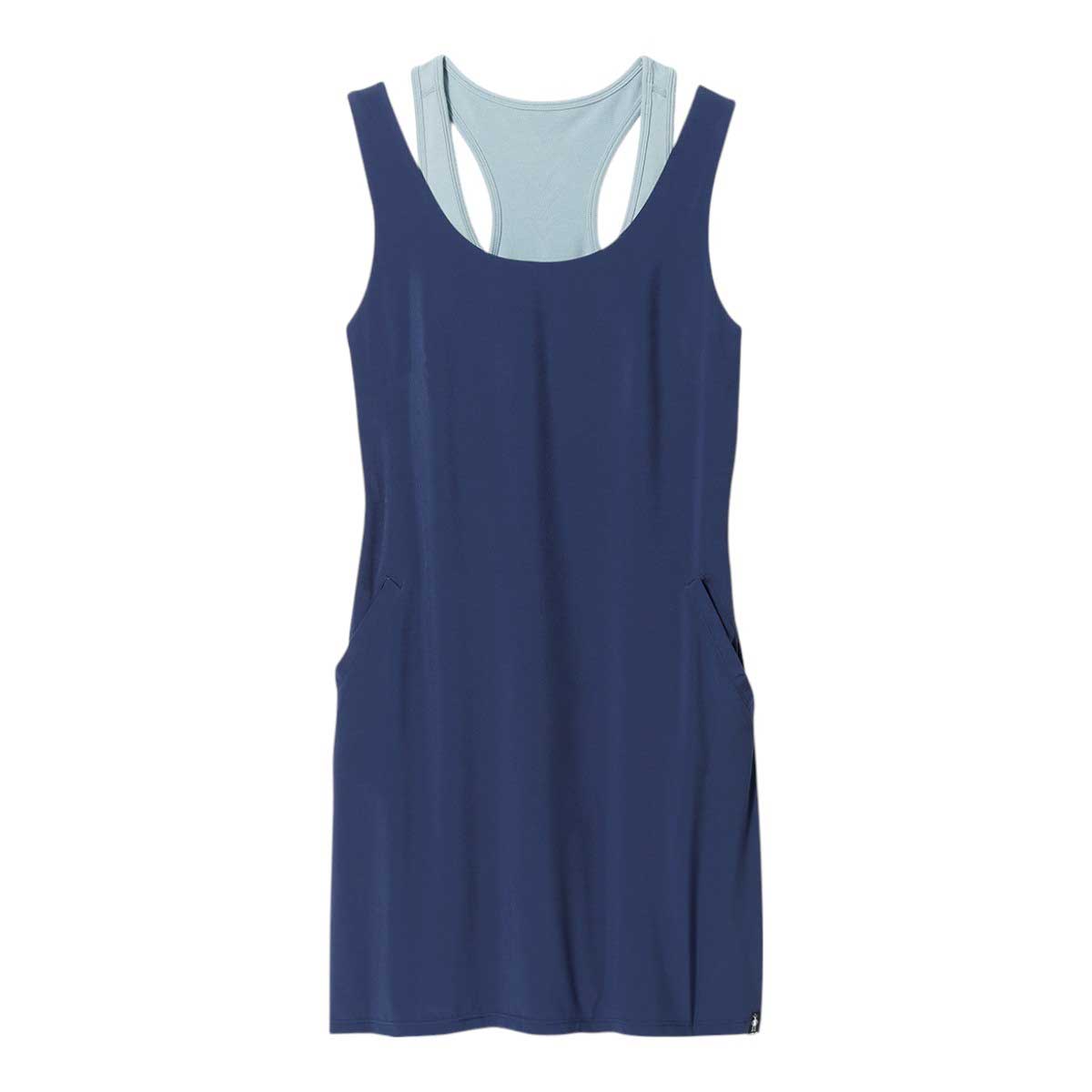 Women’s deep navy sleeveless active dress with scoop neck and built-in light blue shorts