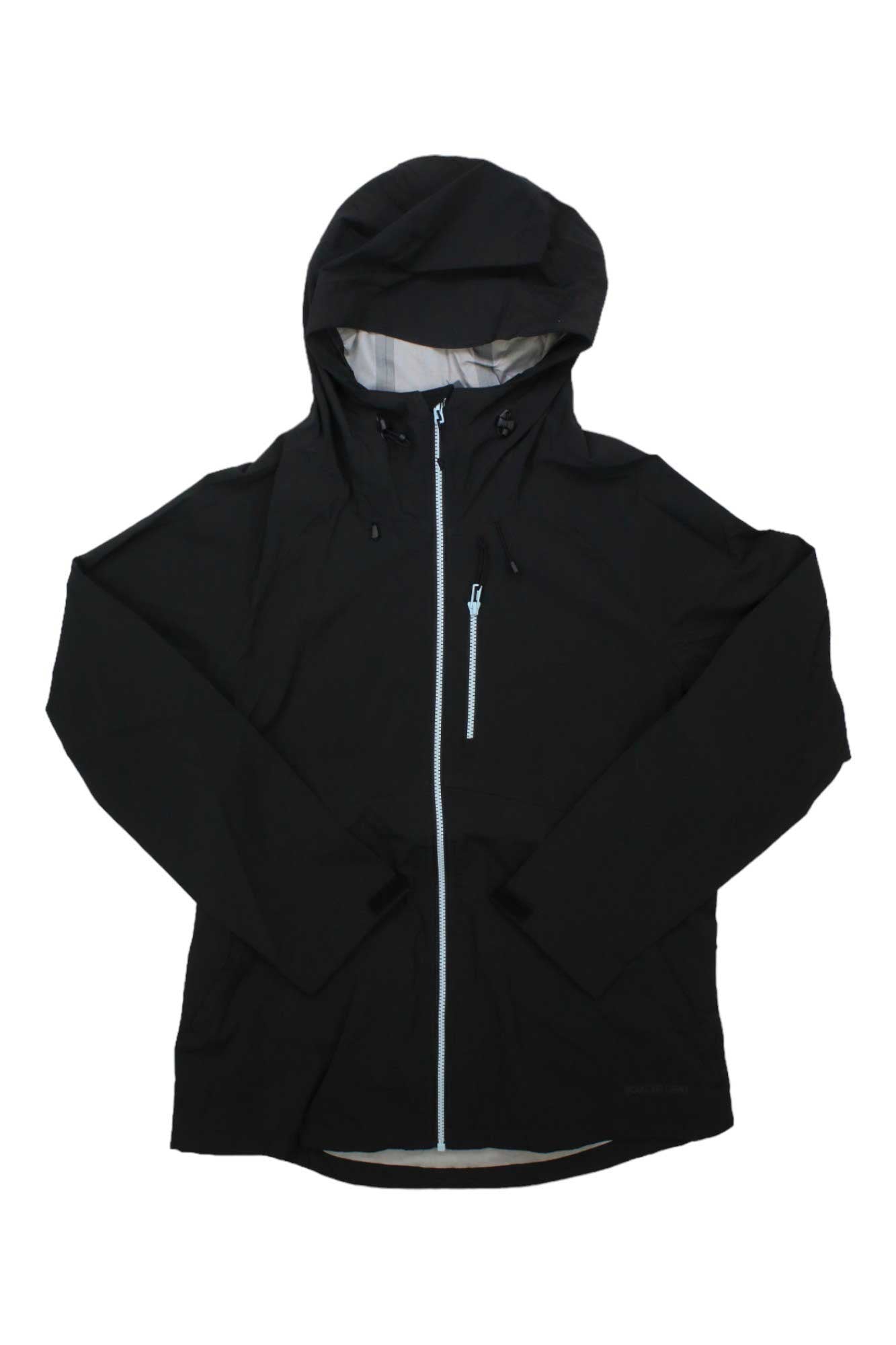 The Boulder Gear Womens Harmony 3L Jacket is a black, seam-sealed waterproof coat with a hood, front zipper, long sleeves, and a zippered chest pocket, shown laid flat on a white background.