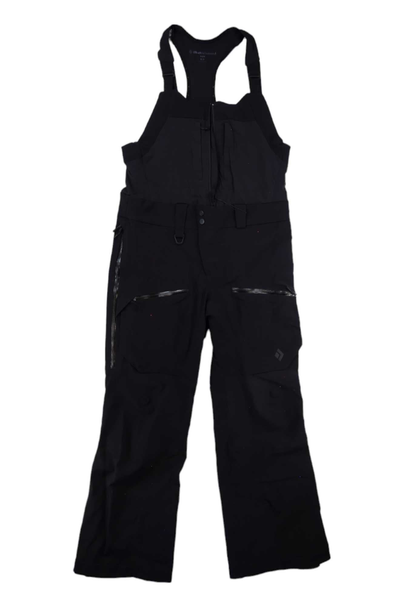 Black Diamond men's bib ski pants, black cargo pockets on thighs with zip front