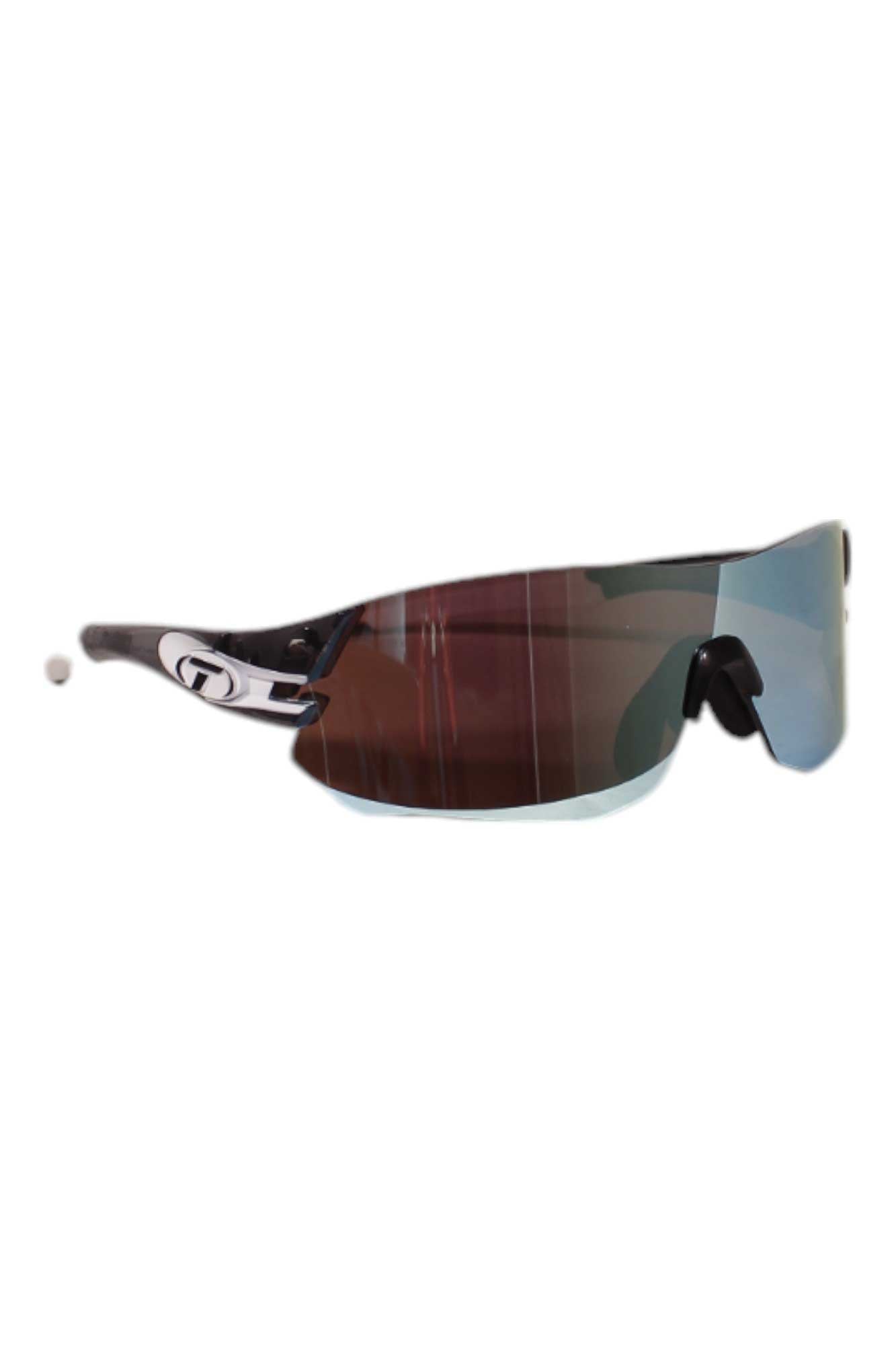Tifosi Tsali Sunglasses with wraparound black frames and dark, reflective UV-protective lenses feature a white and black logo on the side. Displayed against a plain white background.