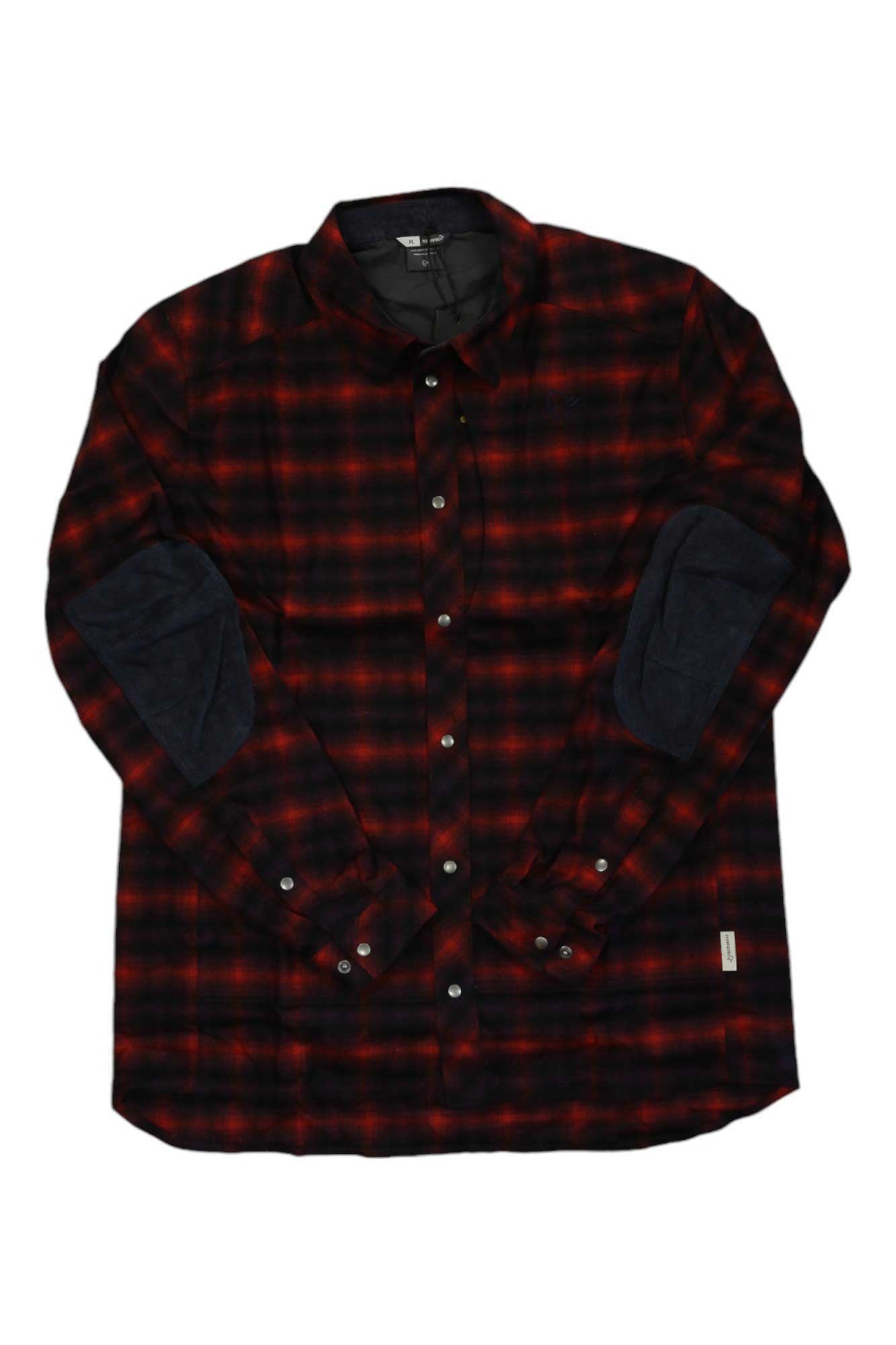 The Norrona Mens Tamok Wool Shirt is a long-sleeve button-up flannel with a red, black, and dark gray plaid pattern, black elbow patches, and a collar—ideal for eco-friendly hiking adventures. Laid flat on a white background.