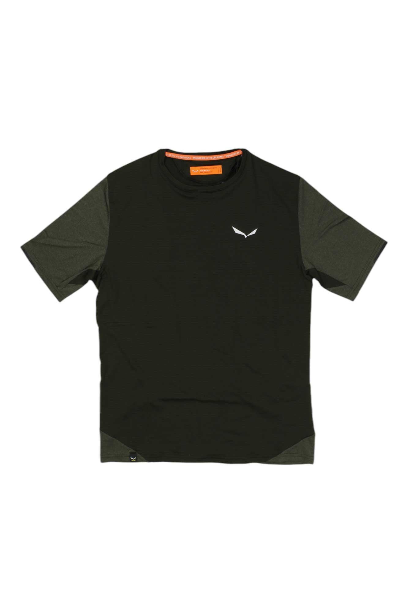 Men's dry mesh t-shirt, dark crew neck with greenish sleeves, short sleeves, chest logo