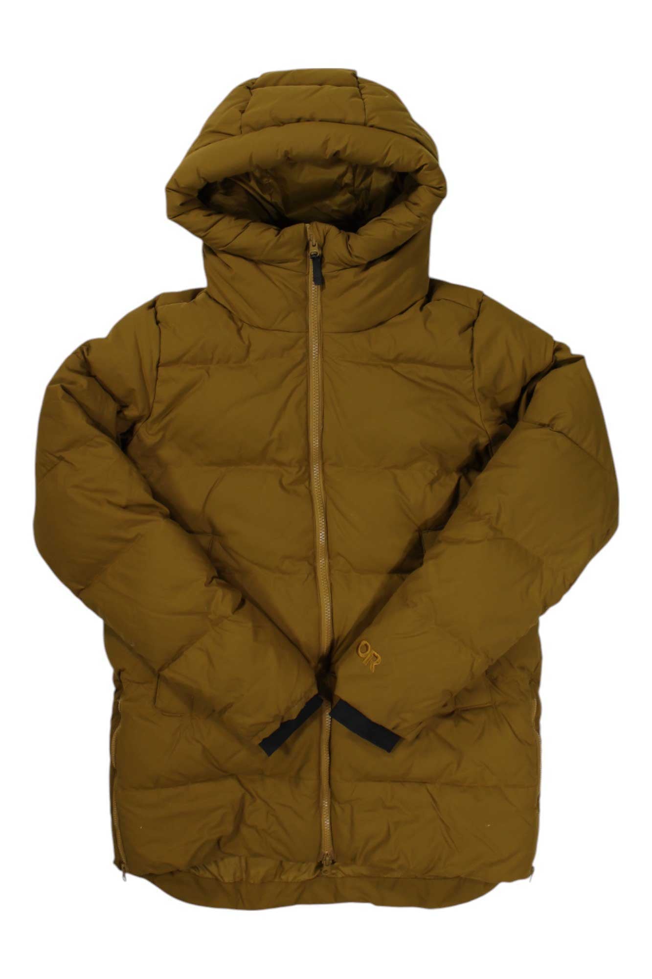 Outdoor Research women’s Coze down coat with hood, olive, front zip