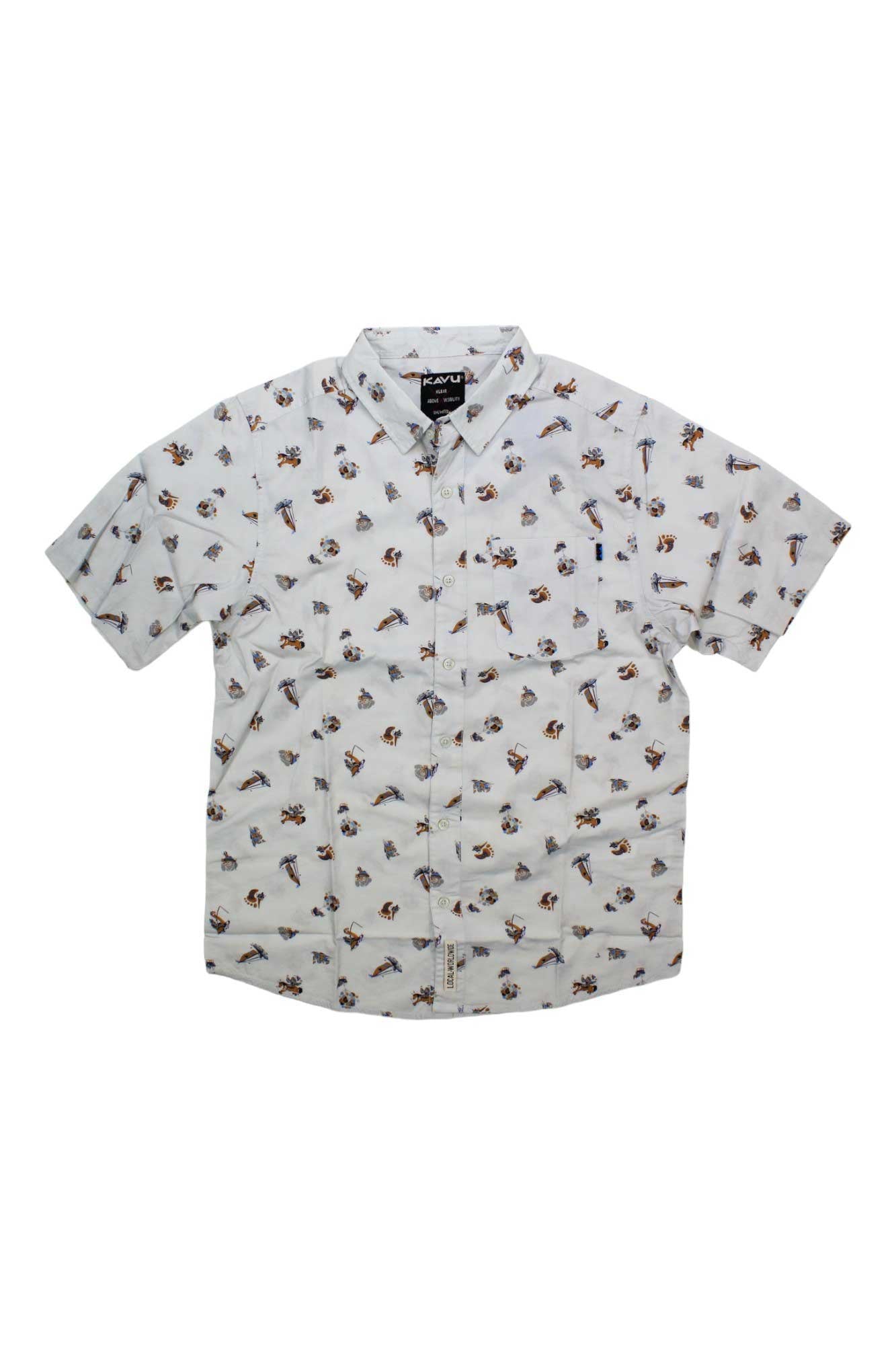 Men's short-sleeve button-up shirt with light gray base and multicolor novelty print