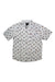Men's short-sleeve button-up shirt with light gray base and multicolor novelty print
