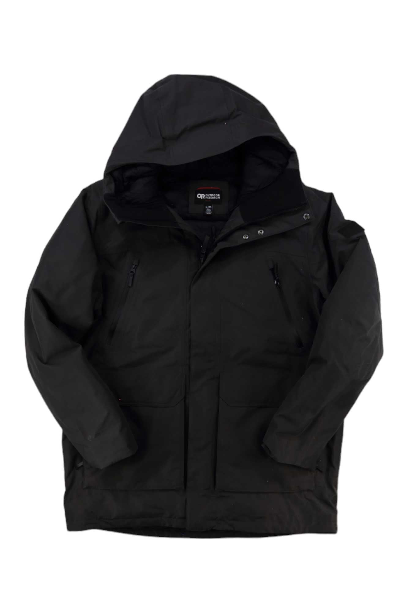 The Outdoor Research Mens Stormcraft Down Parka is a black GORE-TEX hooded jacket featuring a front zipper, two zippered chest pockets, and two side pockets, shown laid flat on a white background.