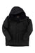 The Outdoor Research Mens Stormcraft Down Parka is a black GORE-TEX hooded jacket featuring a front zipper, two zippered chest pockets, and two side pockets, shown laid flat on a white background.