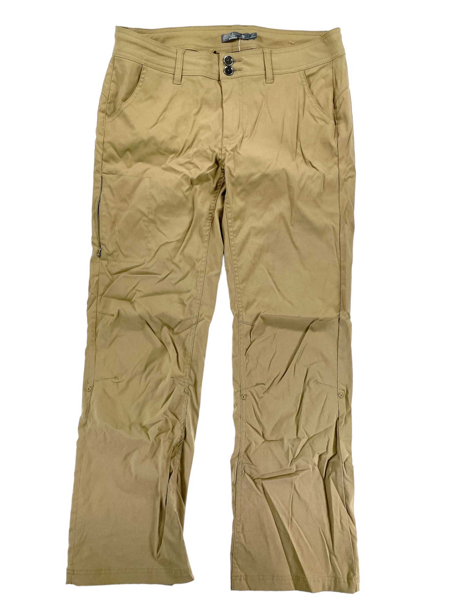 The Halle Pant II is a durable pair of light brown khaki pants with front pockets and a button and zipper closure, shown laid flat on a white background.