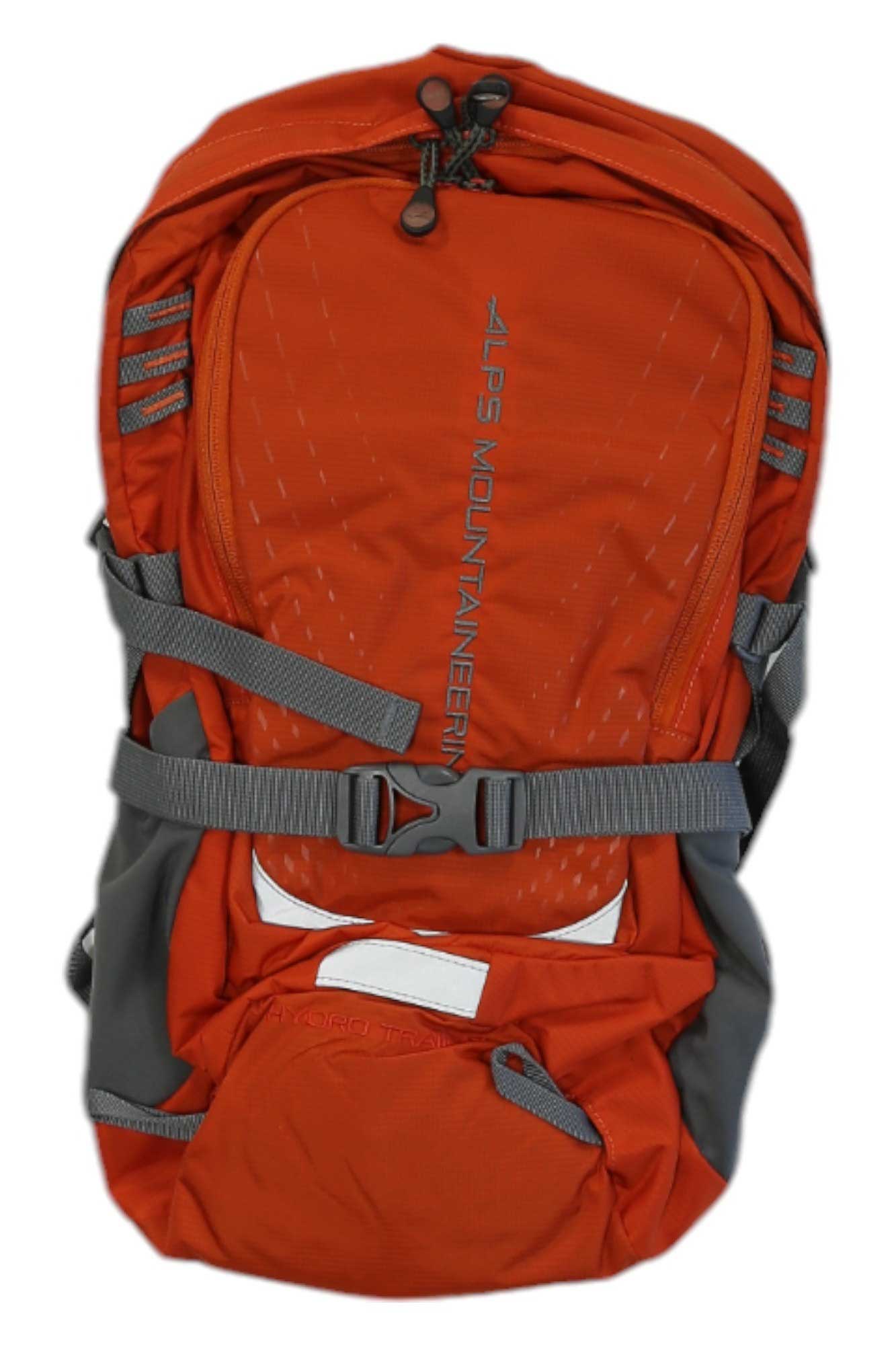 The Hydro Trail 17 Pack, an orange and gray ALPS Mountaineering day hike backpack with multiple compartments, gray straps, and "ALPS MOUNTAINEERING" printed vertically on the front, is ideal as a hydration pack. Shown against a white background.
