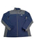 The North Face Apex Bionic Jacket in blue and gray features a front zipper, long sleeves, and a left chest logo—ideal as a men’s softshell for versatile weather protection.
