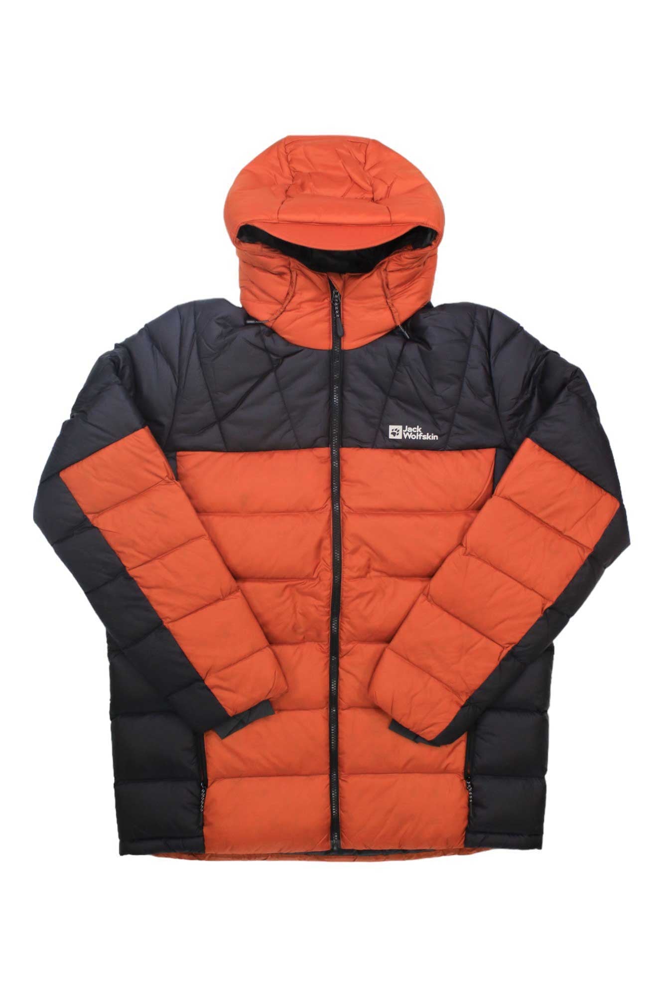 The Jack Wolfskin Mens Nebelhorn Down Hoody is a color-blocked puffer with orange and black sections, a hood, sustainable insulation, front zipper, small left-chest logo, long sleeves, and a quilted design.