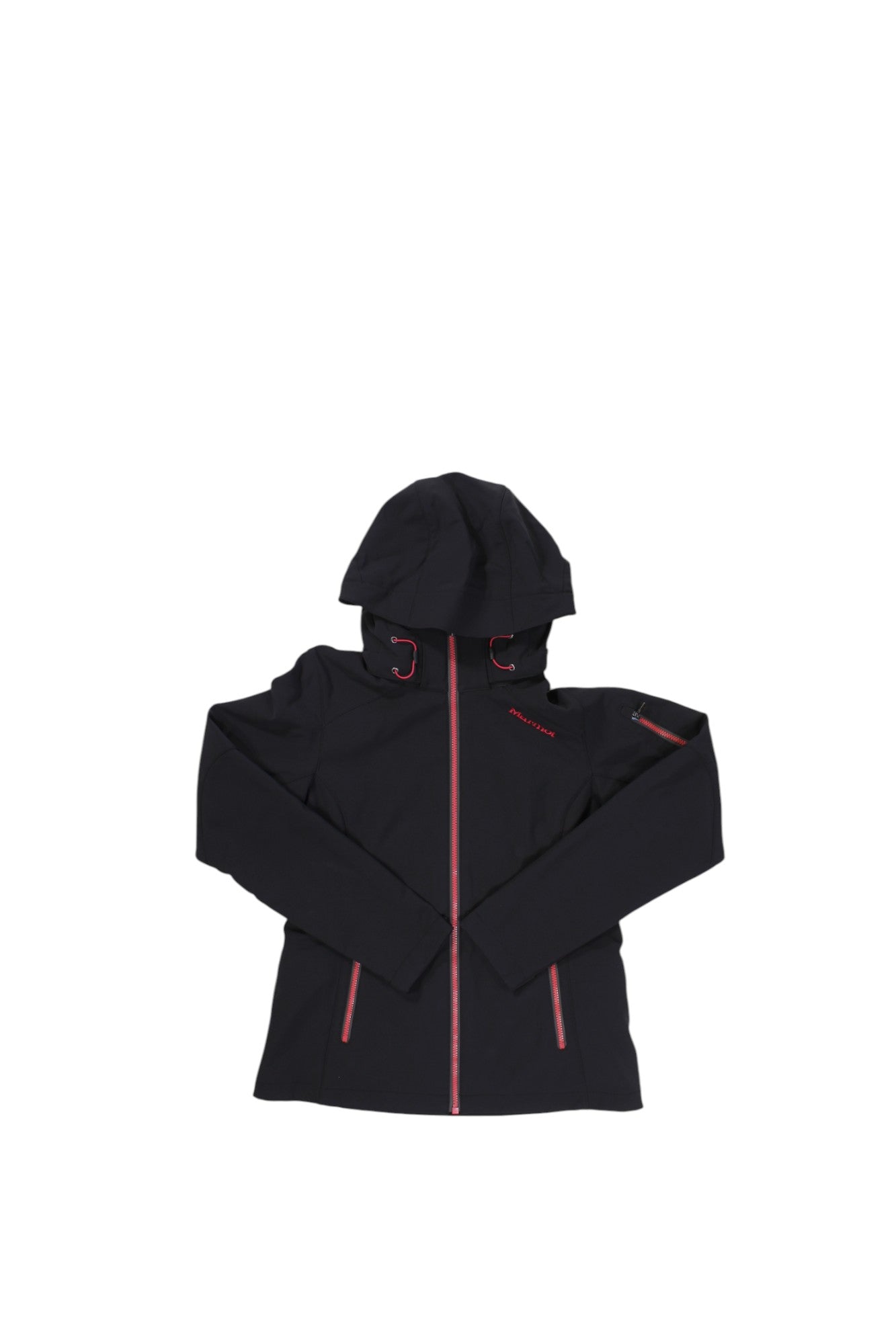 The Marmot Womens Bella Jacket is a black soft shell with red zipper and accents, shown flat on a white background with crossed sleeves—a chic winter jacket ideal for chilly days.