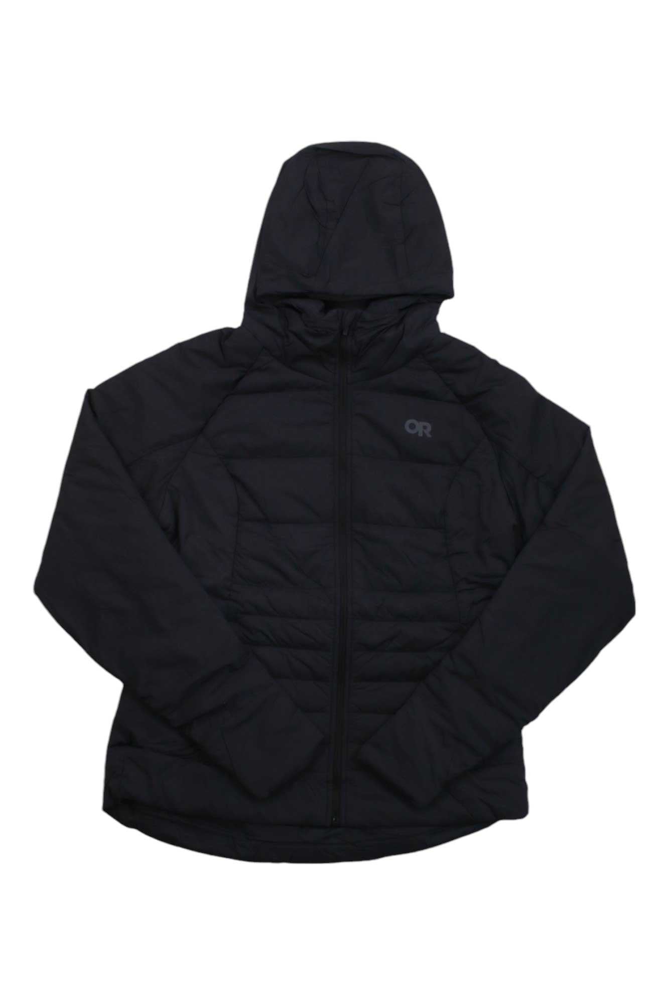 Women’s insulated zip-up hoodie, dark black hood and quilted front with OR logo