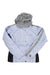 The Spyder Womens Vtg XLT Jacket is light purple with gray accents, a button-up front, gray hood, long sleeves with gray stripe, and black side panels. This synthetic insulated jacket is great for outdoor activities.