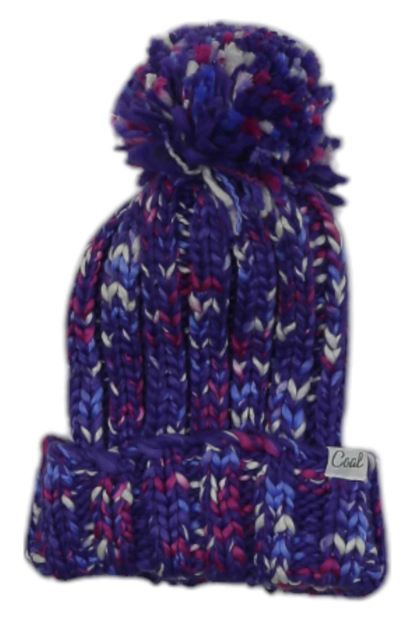 The Coal Womens The Opal Beanie is a chunky rib knit purple winter hat for women, featuring pink, white, and blue accents, a large pom-pom on top, a folded brim, and a small Coal brand label.