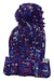 The Coal Womens The Opal Beanie is a chunky rib knit purple winter hat for women, featuring pink, white, and blue accents, a large pom-pom on top, a folded brim, and a small Coal brand label.