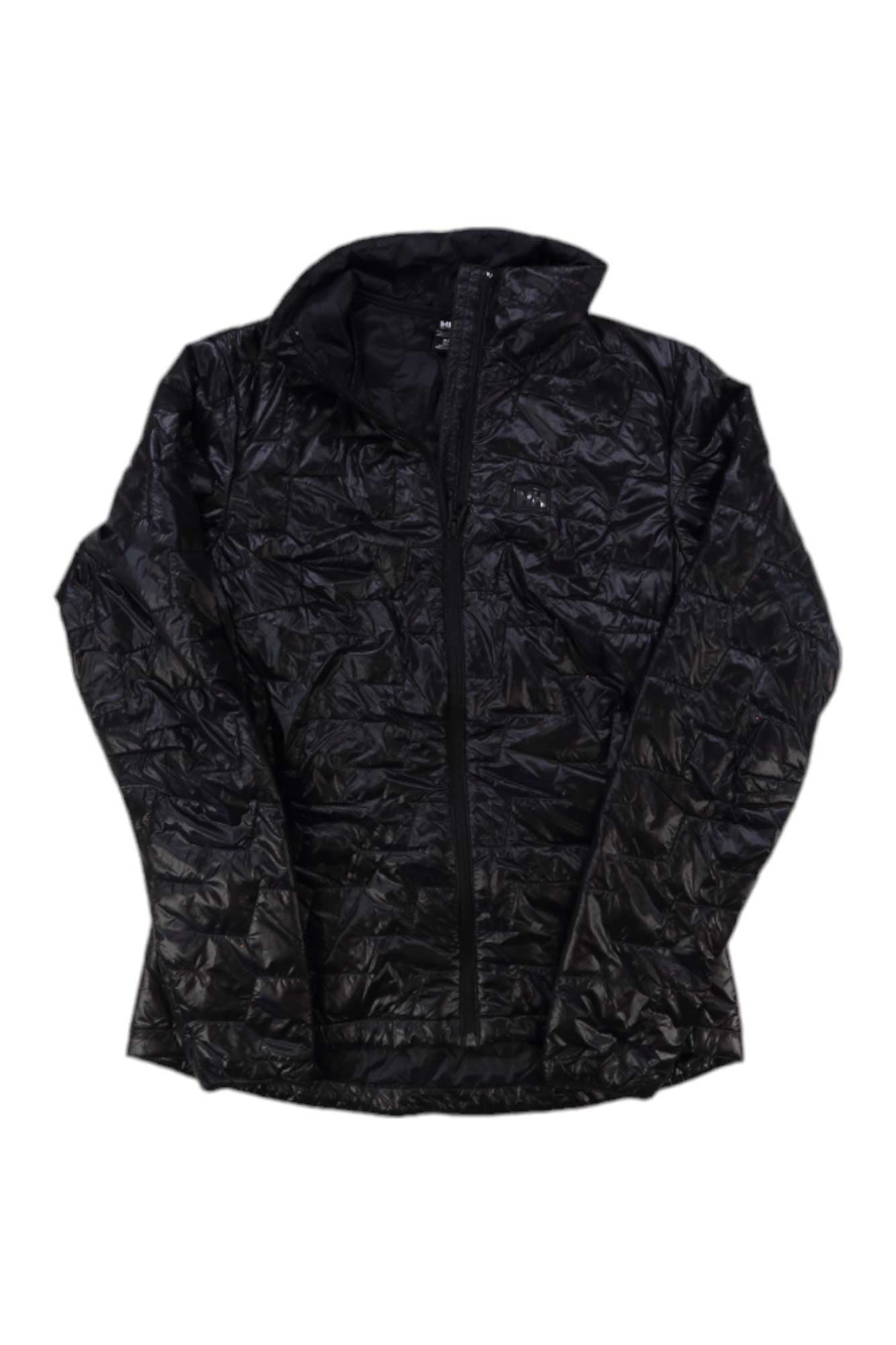 The Helly Hansen Womens Lifaloft Insulator Jacket is a black, lightweight jacket with Lifaloft insulation, a quilted design, front zipper, and long sleeves, shown flat on a white background.