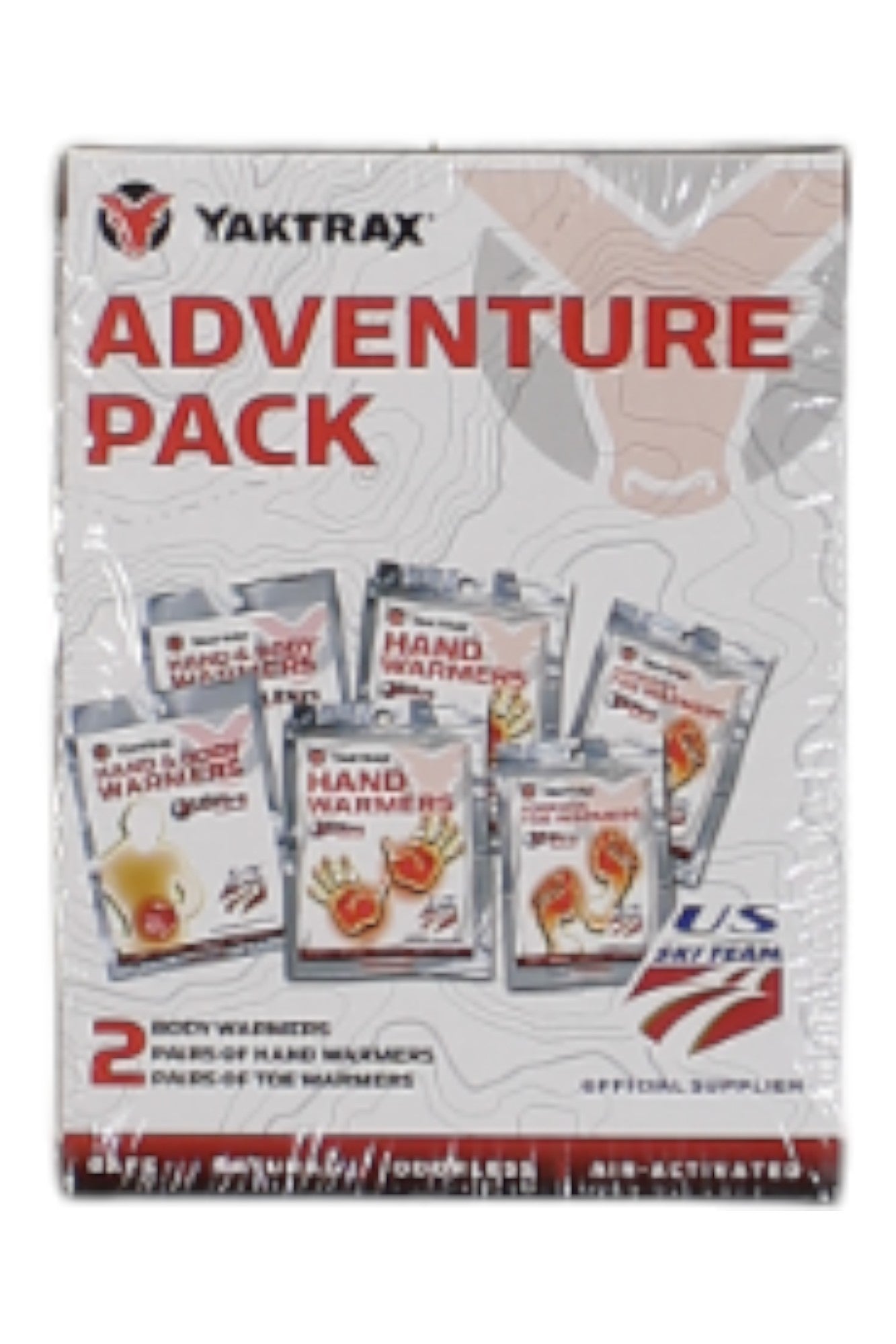 The Yaktrax Adventure Pack box displays 2 body warmers, 3 pairs of hand warmers, and features the US Ski Team logo—ideal for camping gear.