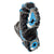 Close-up of a hiking boot equipped with the Yaktrax Summit Traction Device, designed with metal spikes, chains, and blue rubber for enhanced grip on icy or slippery surfaces.