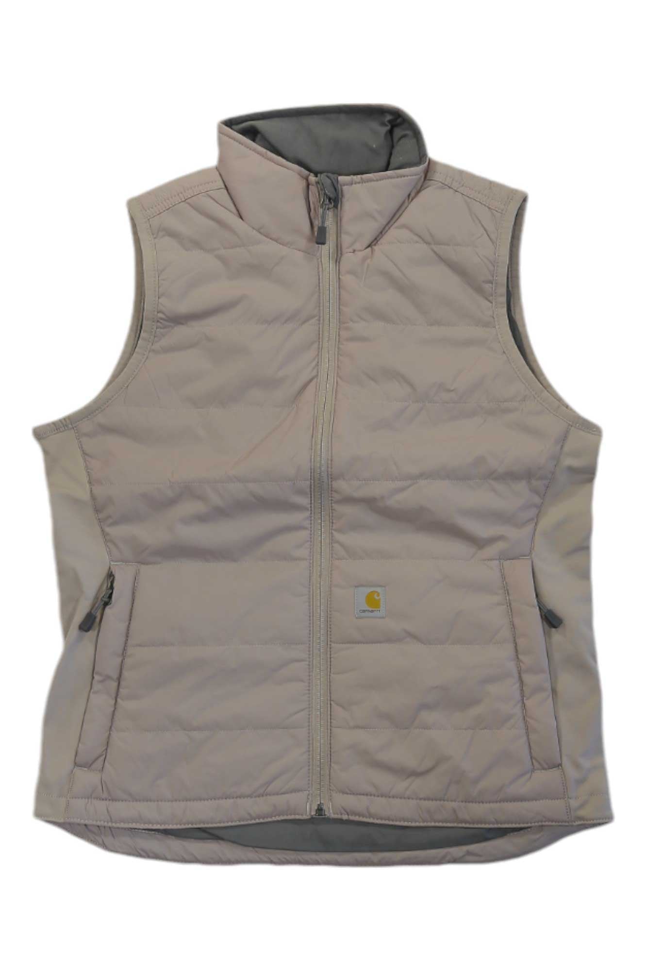 The Carhartt Women's Rain Defender Relaxed Fit Lightweight Insulated Vest in light beige features a sleeveless design, lightweight insulation, front zipper, two zippered side pockets, high collar, and a square Carhartt logo patch on the front.