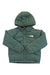The North Face Toddlers Reversible Perrito Hooded Jacket features a green puffer style with long sleeves, front zipper, logo on the left chest, recycled insulation, and elastic cuffs and hem for comfort.