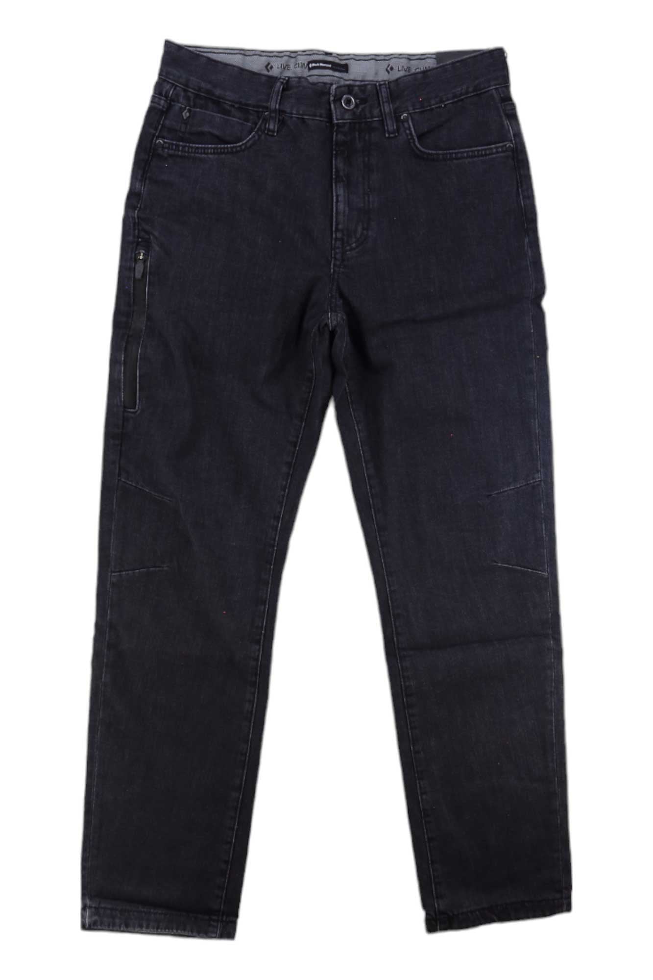 The Black Diamond Mens Mission Wool Denim Pant is shown flat on a white background, featuring a five-pocket design, straight-leg cut, and harness-compatible fit ideal for climbing.