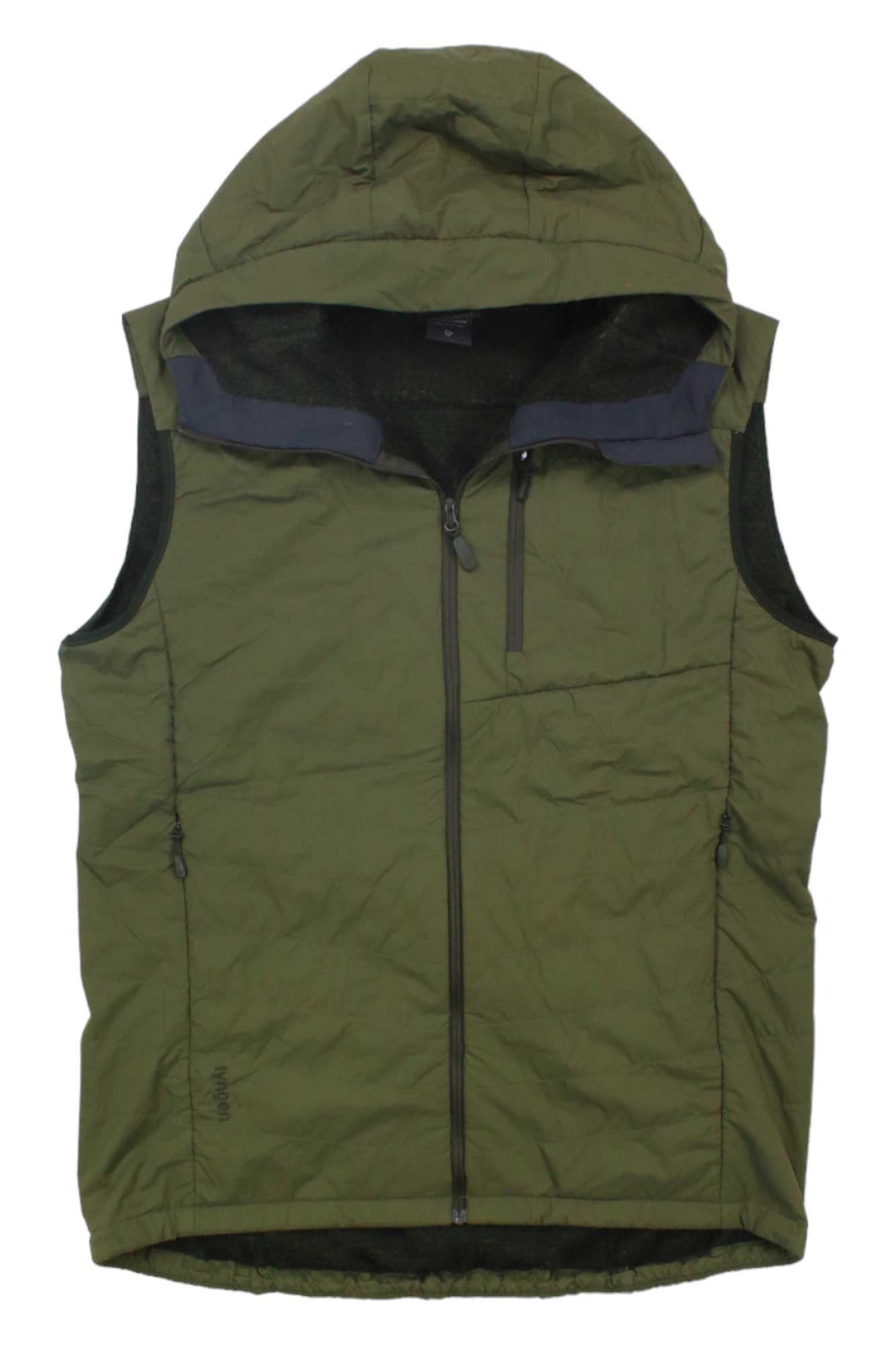 The Norrona Womens Lyngen Alpha90 Insulated Vest in olive green is a lightweight, weather-resistant sleeveless vest with a hood, front zipper, two zippered side pockets, and one zippered chest pocket—perfect for versatile outdoor layering.