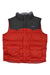 The Mens Slingshot Down Vest from Patagonia, in red and dark grey, features down insulation, two front pockets, snap buttons, and a high collar. Displayed against a plain white background.