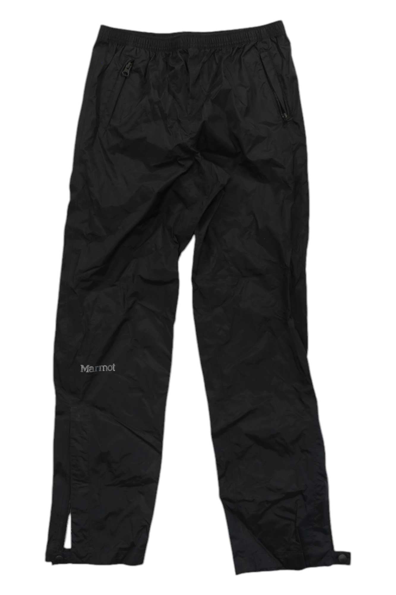 Kids PreCip Rain Pants by Marmot: black, waterproof, crafted from recycled nylon with an elastic waistband, side zippers, and a subtle left-thigh logo. Shown on a plain white background.