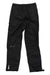 Kids PreCip Rain Pants by Marmot: black, waterproof, crafted from recycled nylon with an elastic waistband, side zippers, and a subtle left-thigh logo. Shown on a plain white background.