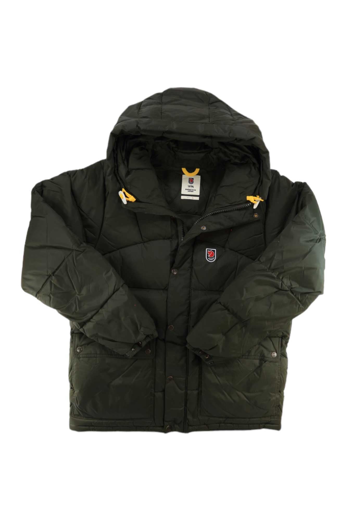 Hooded puffer jacket in dark green, quilted, zip-front with hood and snap pockets.