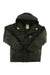 Hooded puffer jacket in dark green, quilted, zip-front with hood and snap pockets.