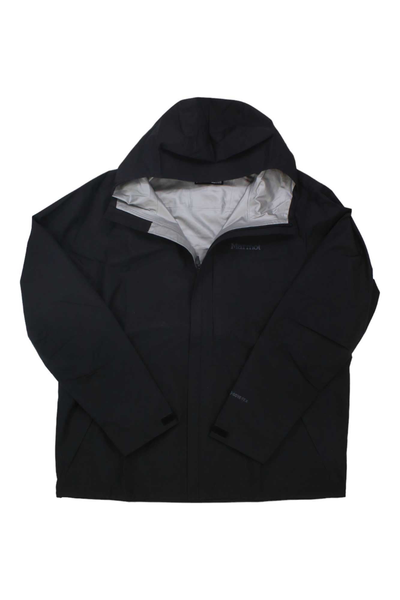 The Marmot Mens Minimalist Jacket - Big, a black GORE-TEX men’s jacket with a front zipper, long sleeves, and light inner lining, is laid flat on a white background.