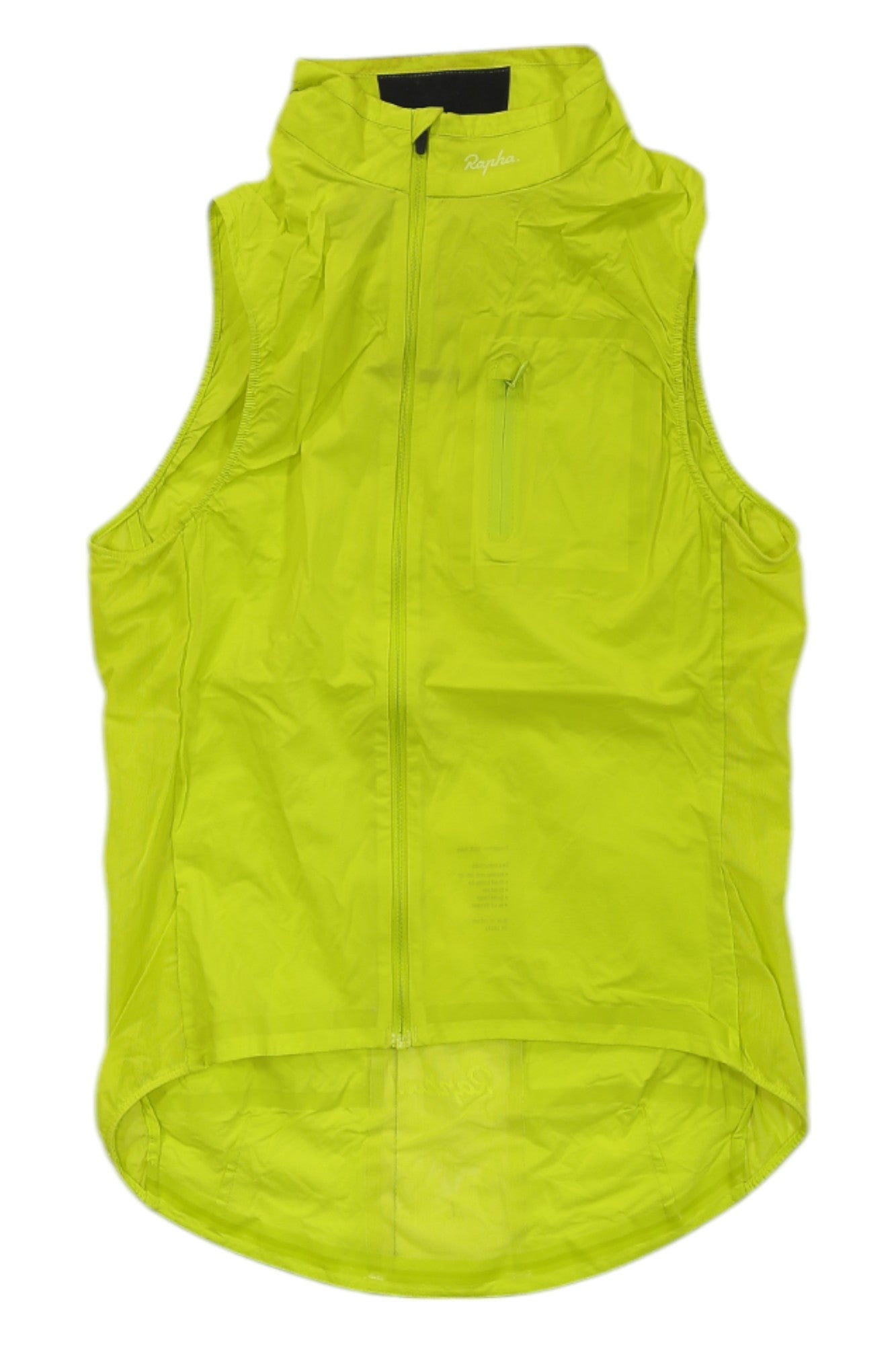 The Rapha Classic Gilet II is a sleeveless, bright yellow cycling vest with a packable design, front zipper, high collar, and small chest pocket, shown on a white background.